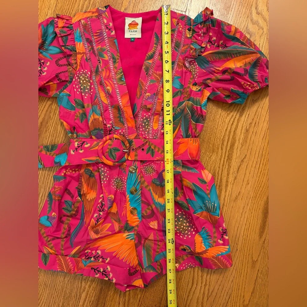 FARM Rio Macaw Party Pink Belted Puff Sleeve Romper - Picture 10 of 12